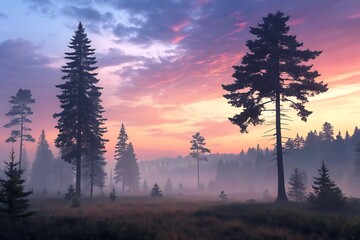 Misty forest sunrise silhouettes tall trees
