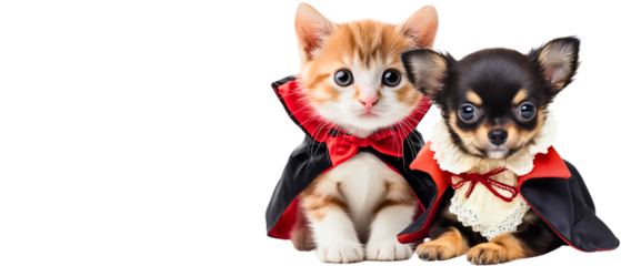 funny halloween animals with ful body visible: cat and dog dressed in a vampire costume, isolated over white (transparent) background