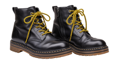 Black leather boots with yellow laces on white background  