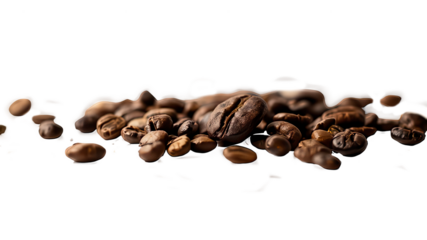Close-up of Coffee Beans. The image showcases a close-up view of a collection of roasted coffee beans. The beans vary in shape and size, but all have a rich, dark brown color. 
