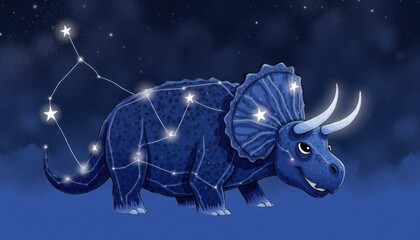 Whimsical triceratops constellation illustration under starry night sky