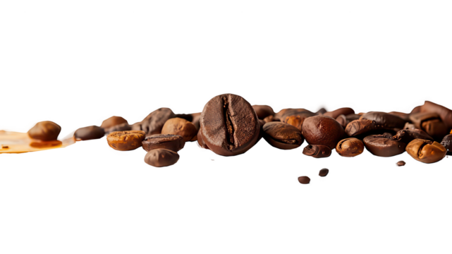 Close-up of Coffee Beans. The image showcases a close-up view of a collection of roasted coffee beans. The beans vary in shape and size, but all have a rich, dark brown color. 