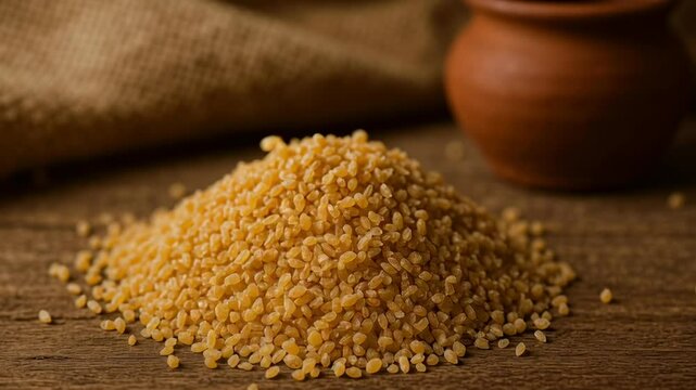 Golden bulgur wheat grains cascading onto rustic wooden table with clay pot and burlap fabric in warm natural light