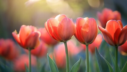 Obraz premium soft red tulips in the garden on blur background