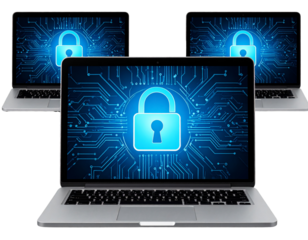 Firefly_Set A laptop computer with its screen showing a glowing padlock symbol embedde transparent backround png