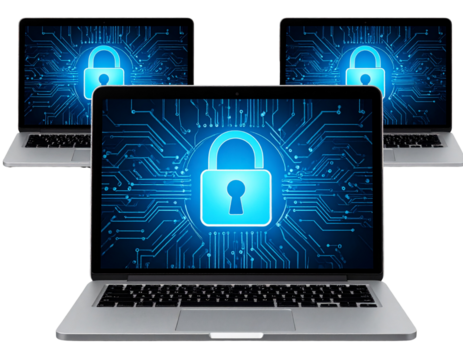  Firefly_Set A laptop computer with its screen showing a glowing padlock symbol embedde transparent backround png