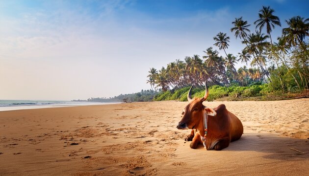 sacred cow lying on the colva beach in goa south india palm trees on tropical west coast relaxing animal arabian sea in asia