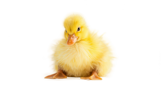 Baby Chick Portrait . This image showcases an adorable baby chick with bright yellow feathers, isolated against a crisp white background. The chick is facing forward