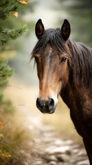 Majestic brown horse gazing calmly along a forest path during a misty morning in nature