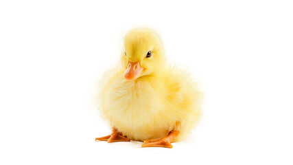 Fototapeta premium Baby Chick Portrait . This image showcases an adorable baby chick with bright yellow feathers, isolated against a crisp white background. The chick is facing forward
