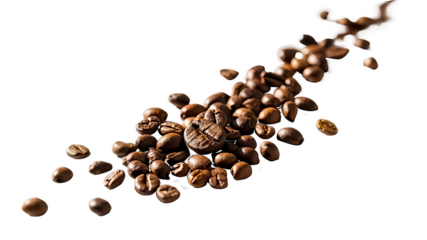 Close-up of Coffee Beans. The image showcases a close-up view of a collection of roasted coffee beans. The beans vary in shape and size, but all have a rich, dark brown color. 
