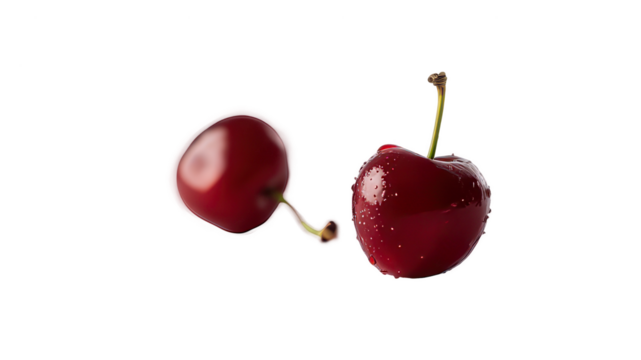 Two Dark Red Cherries with Stems. The image shows two ripe, dark red cherries side-by-side against a white background. The cherries are connected by their green stems