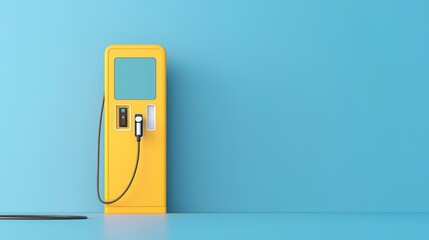 Bright Yellow Fuel Pump Against Light Blue Wall in Modern Minimalist Style for Transportation and Energy Themes