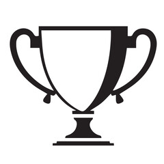 A simple, bold black and white vector illustration of a classic trophy cup, featuring a prominent, empty shield-like body and elegant handles.
