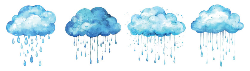 Watercolor set of clouds with rain png. Blue clouds with raindrops. Elements of nature and weather. Cute illustrations of weather, season. Vector illustration.