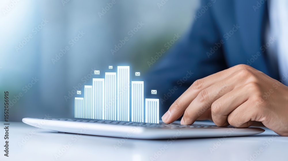 Poster businessman using keyboard to analyze data with graphic statistics and email icons in modern office 
