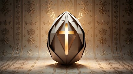 Illuminated cross inside geometric egg shaped sculpture on ornate vintage wallpaper background for Easter Christian religious spiritual concept
