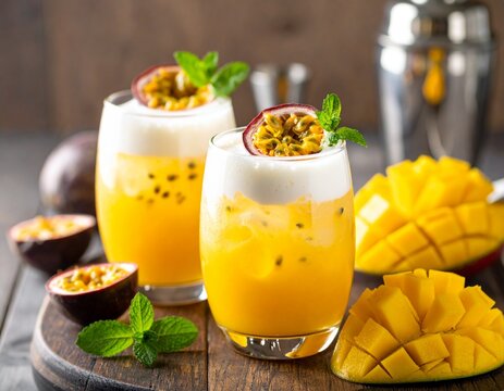 Two glasses of maracuya passion fruit and mango juice on the table. 