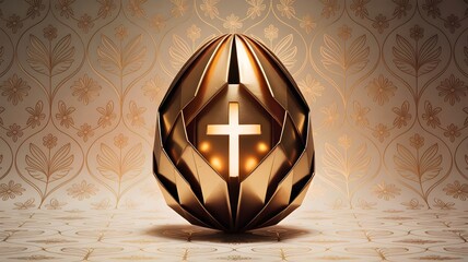 Golden illuminated cross inside geometric egg sculpture on ornate vintage wallpaper background for Easter Christian religious spiritual concept