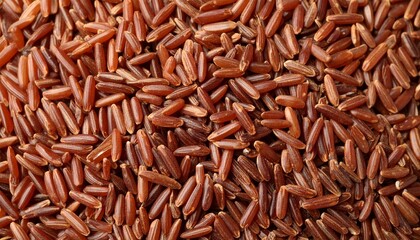 Pile of raw brown rice seeds s background.