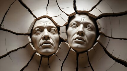 Two sculptural faces emerging from cracked earth surface representing human connection, mental health and environmental drought concepts