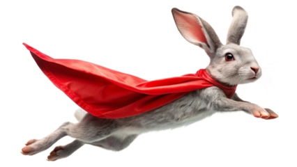 A fluffy grey rabbit wearing a red superhero cape flies through the air isolated on a transparent background