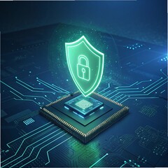 Shield with padlock over CPU, representing digital cybersecurity protection