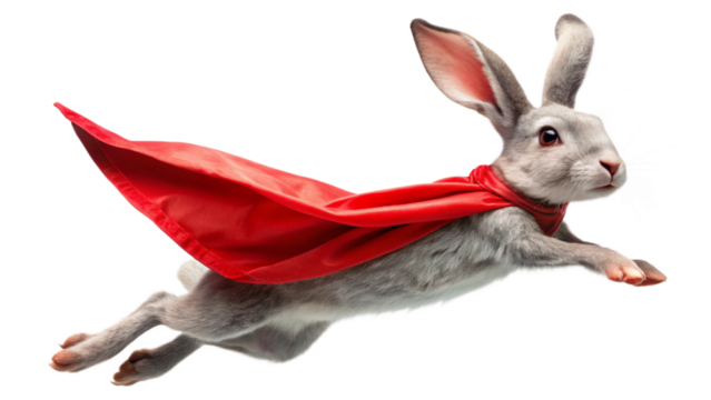 A fluffy grey rabbit wearing a red superhero cape flies through the air isolated on a transparent background
