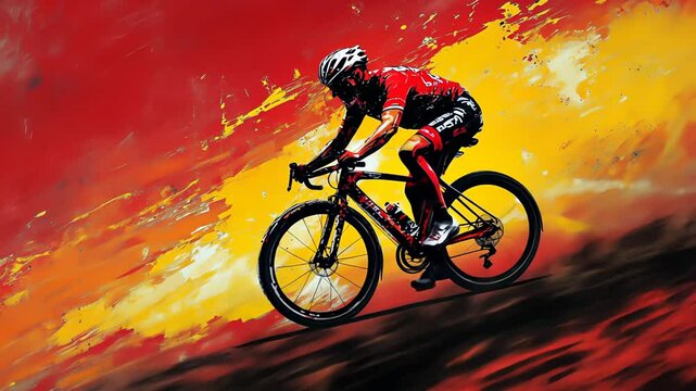 Male cyclist riding bicycle fast, abstract painting style. Bike race or endurance sport concept. Dynamic visual for competitive event footage.