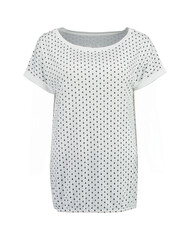 White jersey with blue boats. Isolated image on a white background. Photo on a mannequin. Nobody.