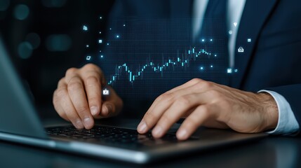 Business Professional Analyzing Data Trends on Laptop with Digital Graph Overlay in Modern Office Setting