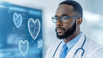 Young doctor analyzing health data on futuristic screen with heart graphics in modern hospital setting