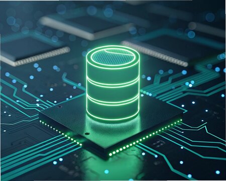 Database icon on glowing circuit board, representing data storage & big data