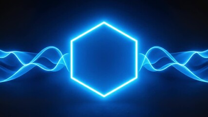Neon blue hexagon with waves on a dark background  
