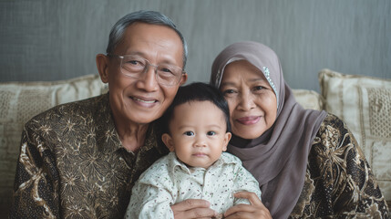 Portrait of Indonesian Muslim grandparents smiling with young grandchild. Heartwarming expression of love, cultural heritage, and generational connection in family setting. National grandparents day.