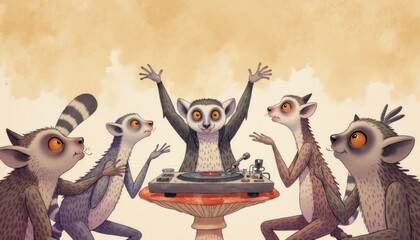 Fun lemur dance party: group of cartoon lemurs enjoying vinyl music around a record player