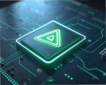 Play button symbol on glowing circuit board, representing streaming media