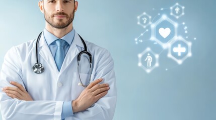 Professional doctor in white coat with stethoscope on blue background and health icons representing medical care and wellness concepts
