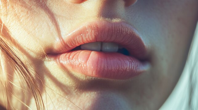 Close-up of natural human lips in soft sunlight with warm detail and texture, sensual concept