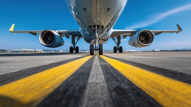 The airplane poised for takeoff on a sunny runway beneath a clear blue sky.