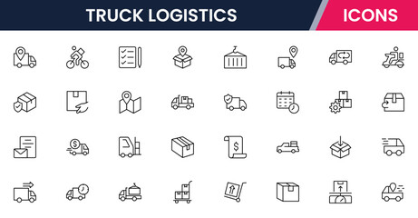 Vector illustration web line icon collection for truck logistics: vehicles, cargo, delivery, and transport symbols in a streamlined, modern, and efficient design style.