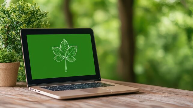 Laptop with Green Screen Display Showing Leaf Design on Wooden Table Surrounded by Green Nature Background