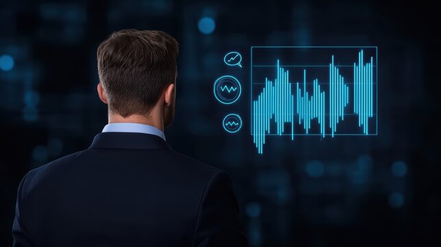 Businessman Analyzing Financial Data with Graphs in Dark Environment, Behind View, Digital Technology and Analytics Concept