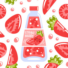 A seamless pattern showcasing strawberry soda in glass bottles, adorned with vibrant strawberry pieces. This lively design captures the essence of summer, bringing a refreshing and playful atmosphere