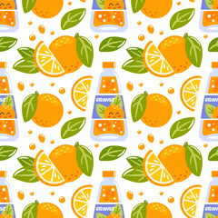 A seamless pattern featuring orange soda in glass bottles, complemented by vibrant citrus pieces. This cheerful design captures the refreshing essence of summer, adding a zesty and lively touch