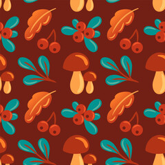 This autumn pattern features mushrooms, leaves, and berries, capturing the essence of fall. Ideal for seasonal projects, textiles, and decor, it brings warmth and a natural touch to any design.