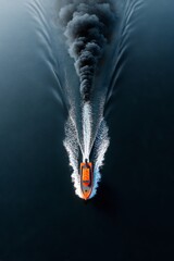 Orange boat leaving trail of black smoke, pollution and environmental impact