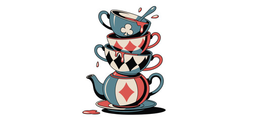 Whimsical stacked teacups and teapot with playing card motifs and spilled liquid