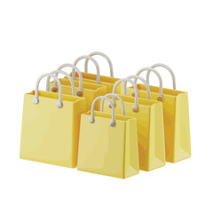Collection of yellow shopping bags with white handles arranged in a group