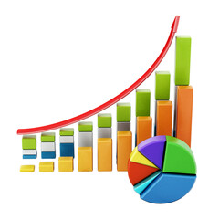 Rising sale bars and pie chart showing financial data  isolated on transparent background. 3D illustration